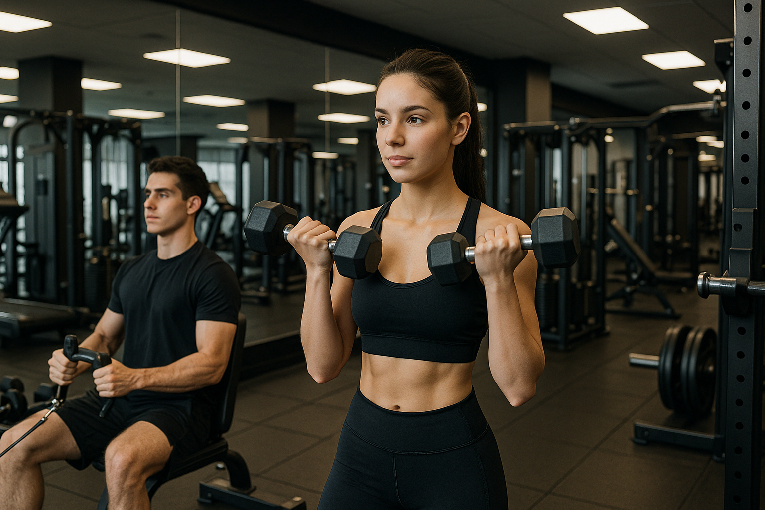 una chica y un chico haciendo deporte en un gimnasio